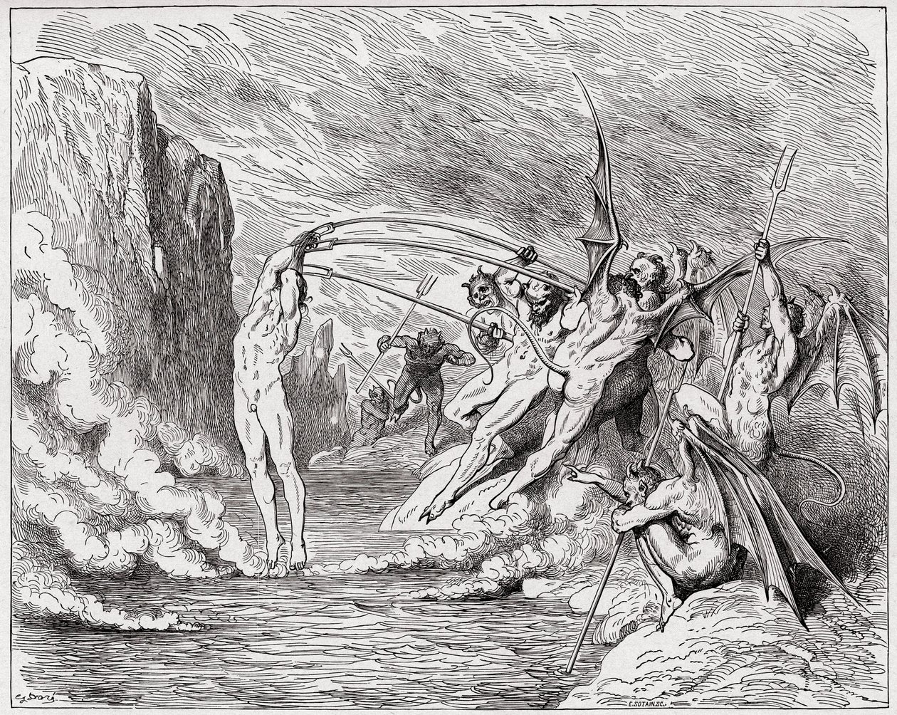 Az isteni színjáték (La Divina Commedia, La Divine Comedie), Inferno, 21. ének: Ördögök kínozzák a barrátorokat - Dante Alighieri (1265-1321) - Illusztráció: Gustave Dore (1832-1883) alkotó: Gustave Dore