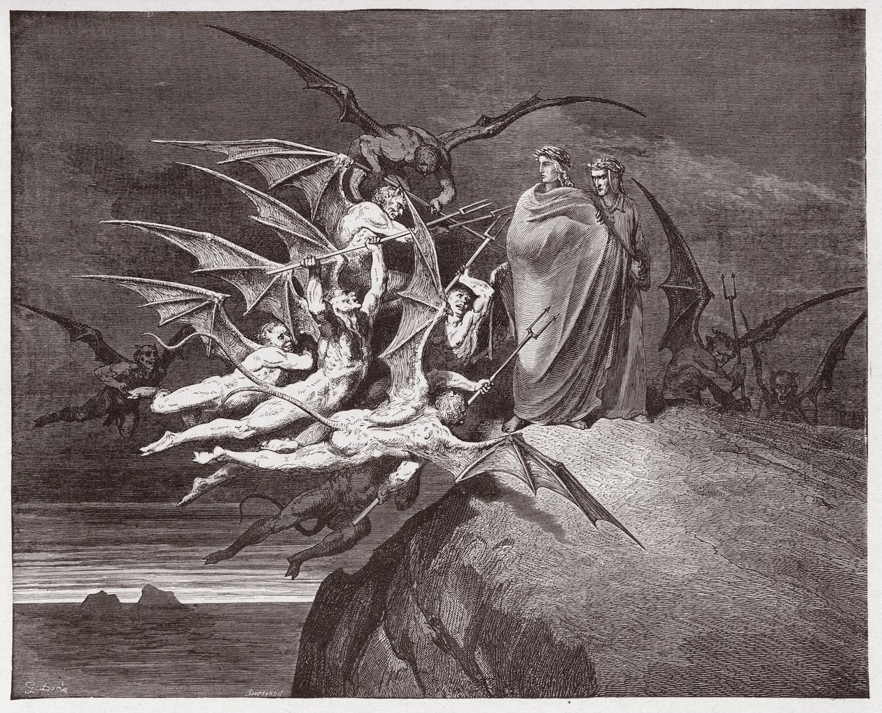 Az isteni színjáték (La Divina Commedia, La Divine Comedie), Pokol, 21. ének: A démonok Vergiliust fenyegetik - Dante Alighieri (1265-1321) - Illusztráció: Gustave Dore (1832-1883) alkotó: Gustave Dore
