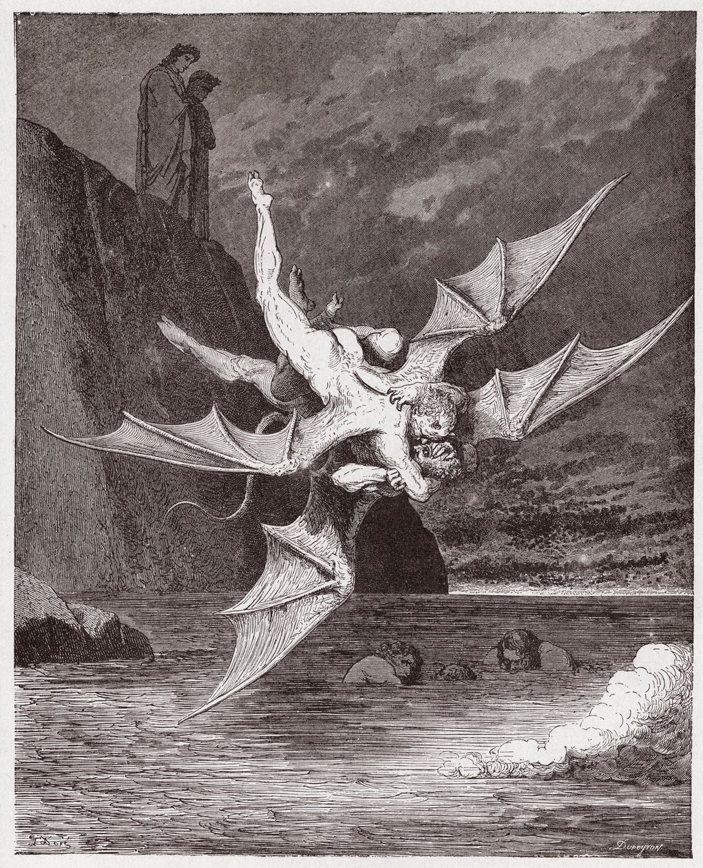 Az isteni színjáték (La Divina Commedia, La Divine Comedie), Inferno, 22. ének: Alichino és Calcabrina birkózik a pálya felett - Dante Alighieri (1265-1321) - Illusztráció: Gustave Dore (1832-1883) alkotó: Gustave Dore