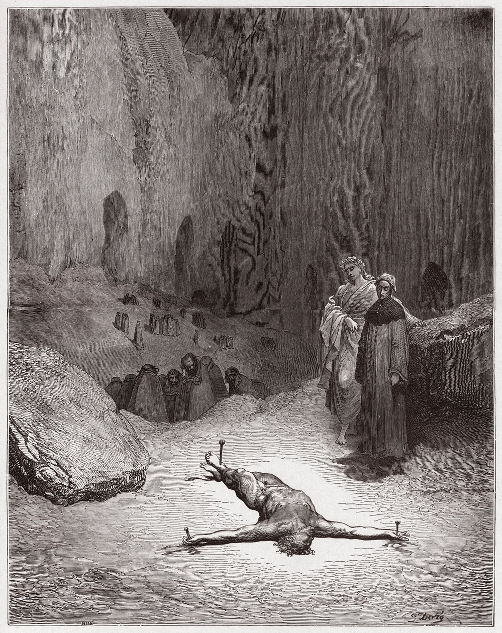 Az isteni színjáték (La Divina Commedia, La Divine Comedie), Inferno, 23. ének: Egy keresztre feszített farizeus a képmutatók között - Dante Alighieri (1265-1321) - Illusztráció: Gustave Dore (1832-1883) alkotó: Gustave Dore