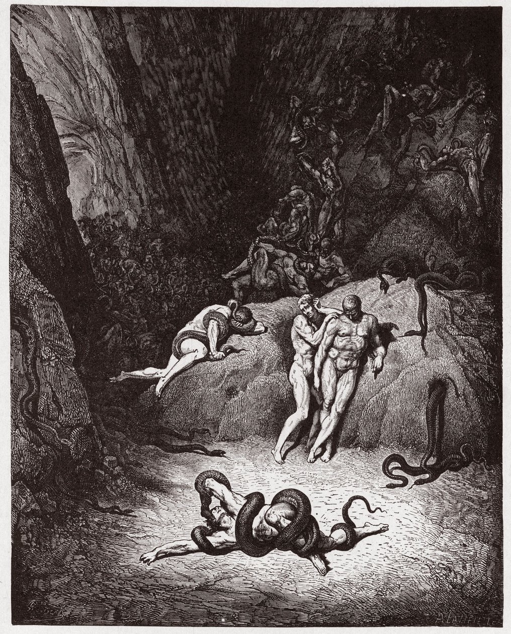 Az isteni színjáték (La Divina Commedia, La Divine Comedie), Inferno, 25. ének: Agnello kígyóvá változik - Dante Alighieri (1265-1321) - Illusztráció: Gustave Dore (1832-1883) alkotó: Gustave Dore