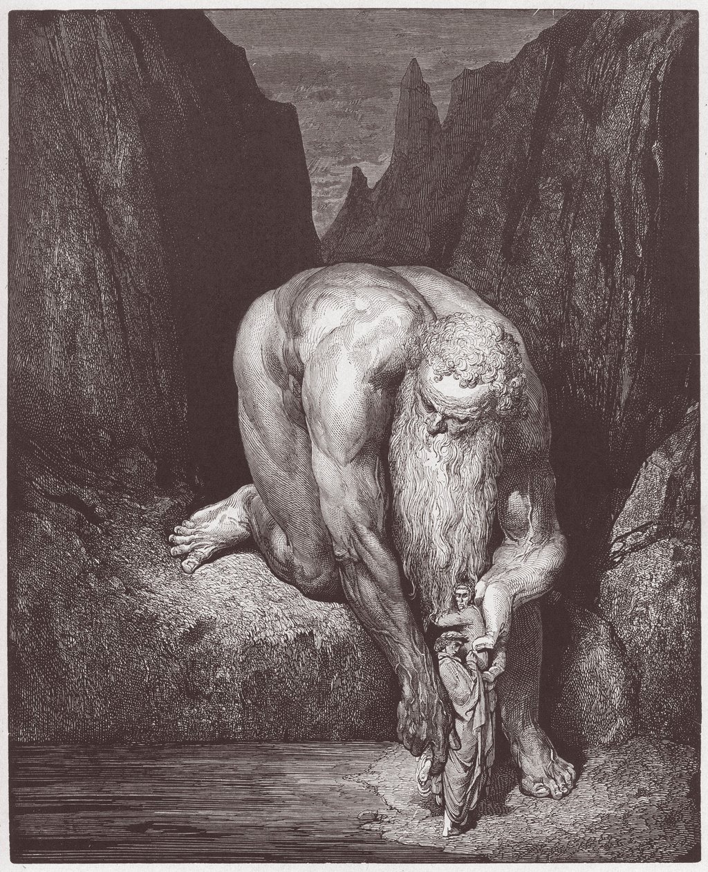 Az isteni színjáték (La Divina Commedia, La Divine Comedie), Pokol, 31. ének: Az óriás Antaeus leengedi Dantét és Vergiliust az utolsó körbe - Dante Alighieri (1265-1321) - Illusztráció: Gustave Dore (1832-1883) alkotó: Gustave Dore