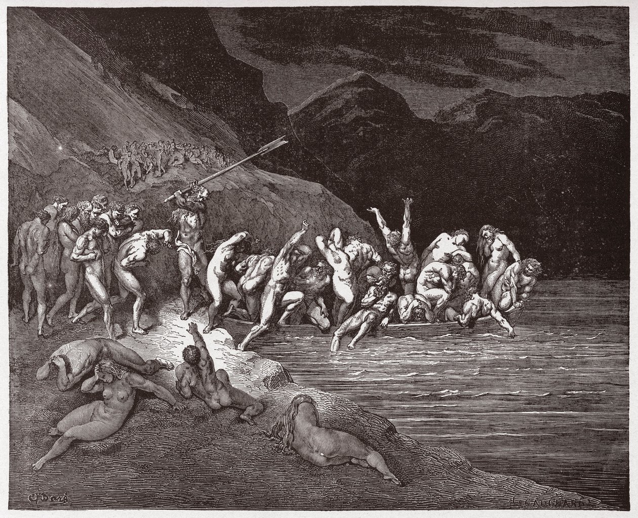 Az isteni színjáték (La Divina Commedia, La Divine Comedie), Pokol, 3. ének: A halálra ítélt lelkek az Acheron átkelésére - Dante Alighieri (1265-1321) - Illusztráció: Gustave Dore (1832-1883) alkotó: Gustave Dore