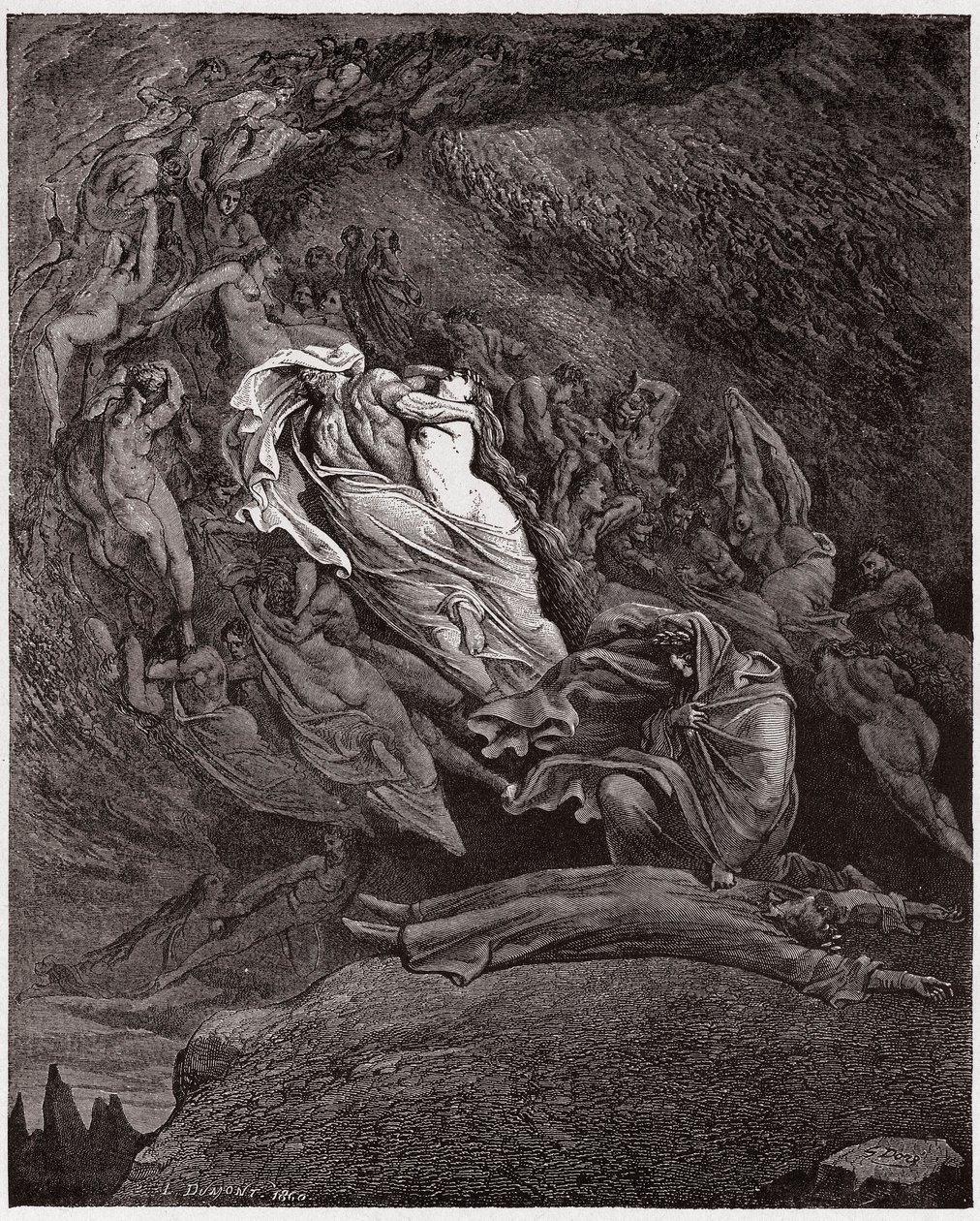 Az Isteni színjáték (La Divina Commedia, La Divine Comedie), Inferno, 5. ének: Francesca leírja a halálát - Dante Alighieri (1265-1321) - Illusztráció: Gustave Dore (1832-1883) alkotó: Gustave Dore