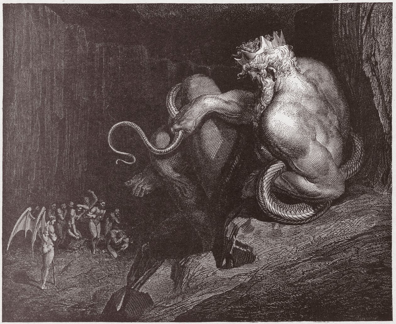 Az Isteni színjáték (La Divina Commedia, La Divine Comedie), Inferno, 5. ének: Minos megítéli a vétket és kiküldi a lelkeket - Dante Alighieri (1265-1321) - Illusztráció: Gustave Dore (1832-1883) alkotó: Gustave Dore