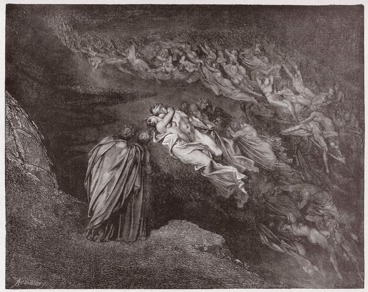 Az isteni színjáték (La Divina Commedia, La Divine Comedie), Pokol, 5. ének: Francesca lelke beszél Dantéval - Dante Alighieri (1265-1321) - Illusztráció: Gustave Dore (1832-1883) alkotó: Gustave Dore