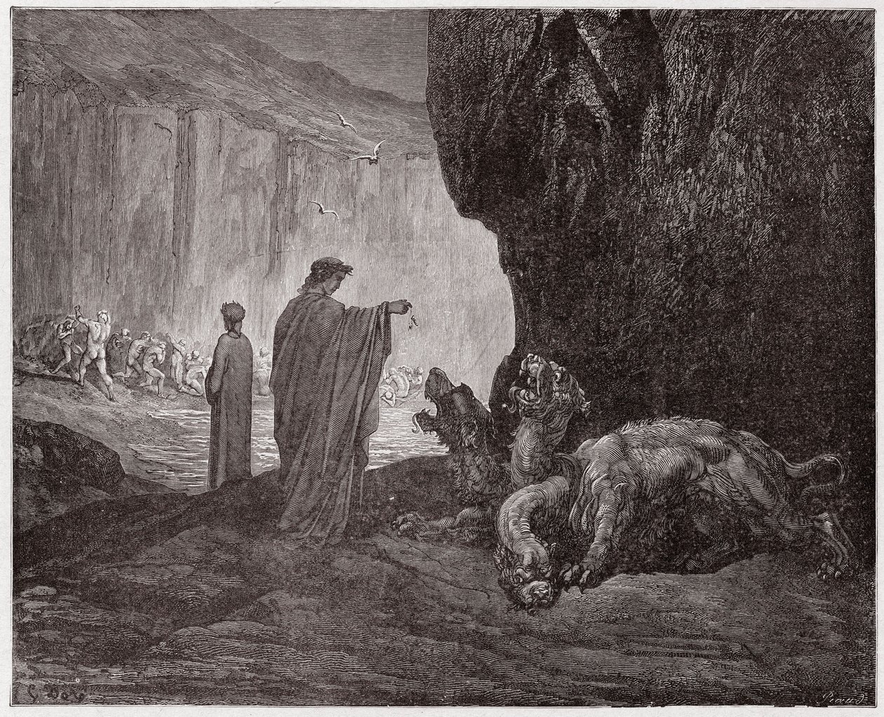 Az isteni színjáték (La Divina Commedia, La Divine Comedie), Pokol, 6. ének: Vergilius táplálja Cerberust a harmadik körben - Dante Alighieri (1265-1321) - Illusztráció: Gustave Dore (1832-1883) alkotó: Gustave Dore
