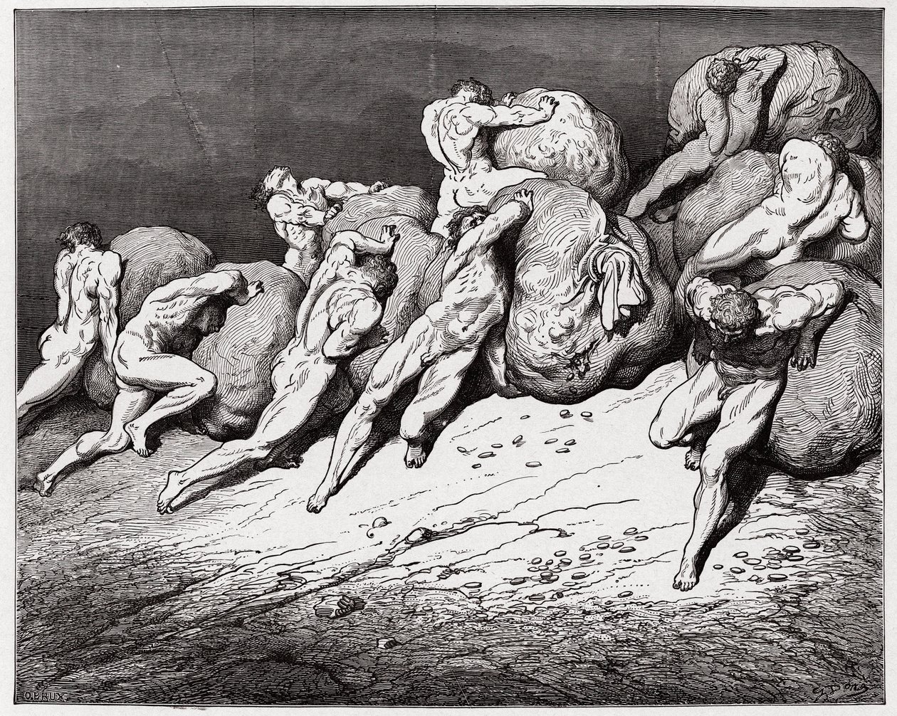 Az isteni színjáték (La Divina Commedia, La Divine Comedie), Pokol, 7. ének: A kapzsiak és a nehéz köveket görgetni kényszerülő tékozló lelkek - Dante Alighieri (1265-1321) - Illusztráció: Gustave Dore (1832-1883) alkotó: Gustave Dore