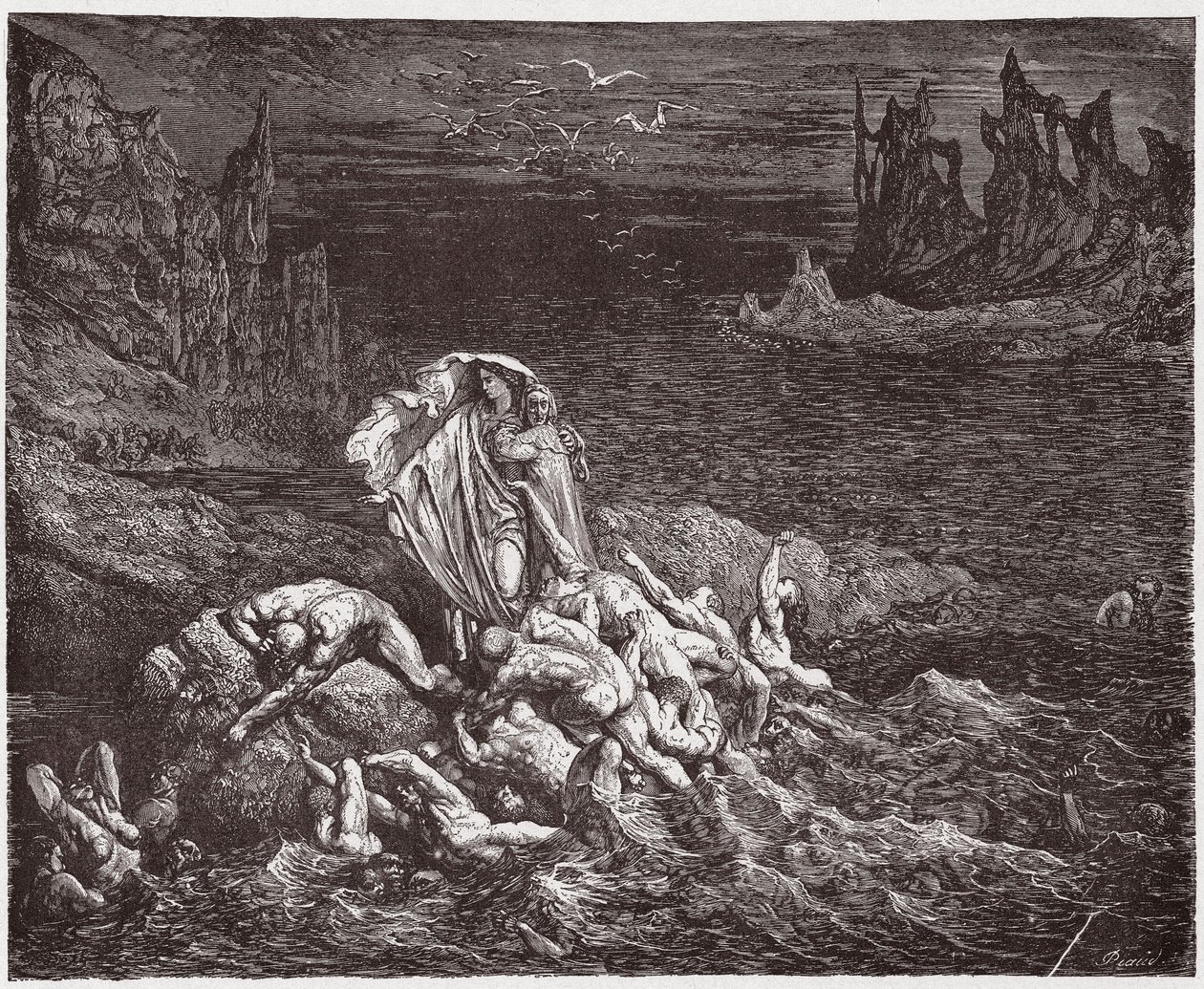 Az Isteni színjáték (La Divina Commedia, La Divine Comedie), Pokol, 7. ének: Vergilius bemutatja Dantének a haragvók lelkét a Styxben - Dante Alighieri (1265-1321) - Illusztráció: Gustave Dore (1832-1883) alkotó: Gustave Dore