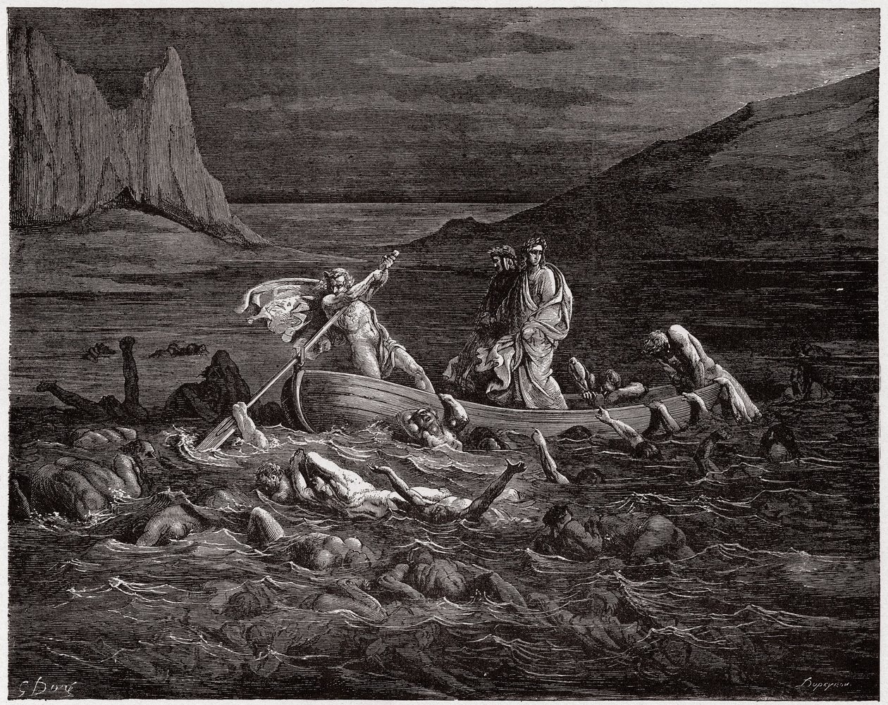 Az isteni színjáték (La Divina Commedia, La Divine Comedie), Inferno, 8. ének: Phlegyas Dantét és Vergiliust áthajózza a Styxen - Dante Alighieri (1265-1321) - Illusztráció: Gustave Dore (1832-1883) alkotó: Gustave Dore