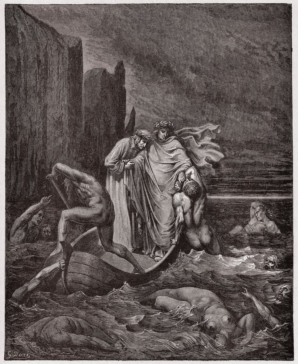 Isteni színjáték (La Divina Commedia, La Divine Comedie), Inferno, 8. ének: A firenzei Philippo Argenti lelke a költőkhöz szól a Styxen - Dante Alighieri (1265-1321) - Illusztráció: Gustave Dore (1832-1883) alkotó: Gustave Dore