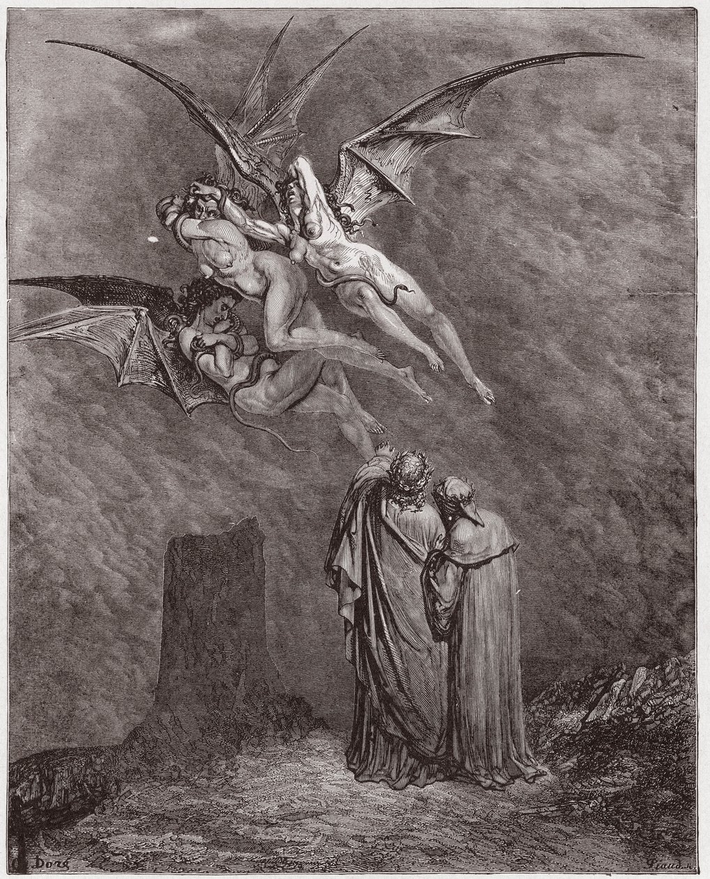 Az isteni színjáték (La Divina Commedia, La Divine Comedie), Inferno, 9. ének: A förtelmes Erinyes: Megaera, Tisphone, Alecto - Dante Alighieri (1265-1321) - Illusztráció: Gustave Dore (1832-1883) alkotó: Gustave Dore