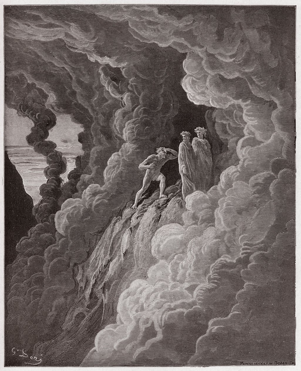 Az Isteni színjáték (La Divina Commedia, La Divine Comedie), Purgatorio, 16. ének: Marco Lombardo követi a költőket a füstön keresztül - Dante Alighieri (1265-1321) - Illusztráció: Gustave Dore (1832-1883) alkotó: Gustave Dore