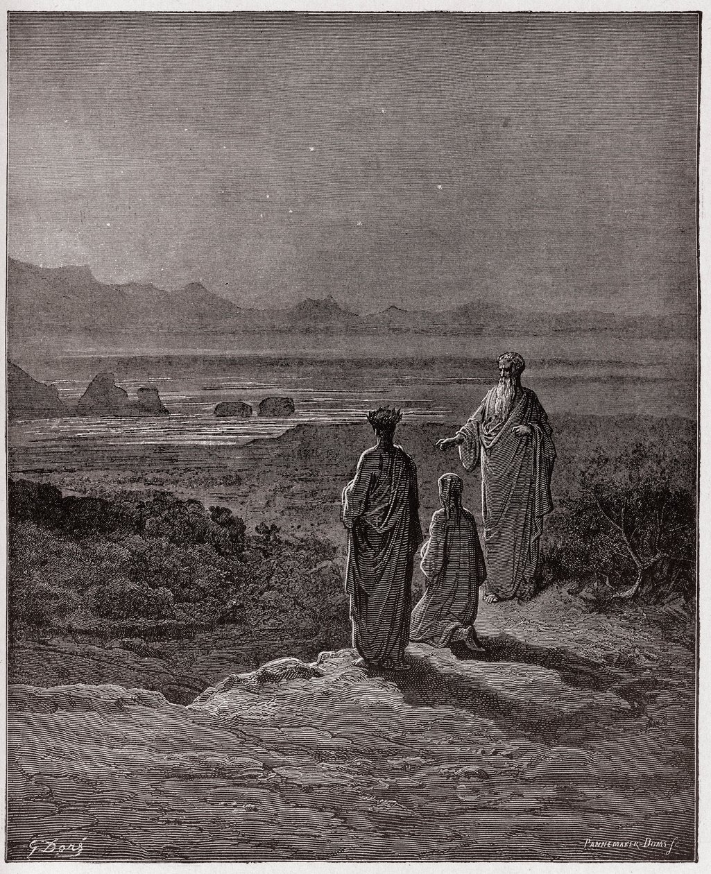Az isteni színjáték (La Divina Commedia, La Divine Comedie), Purgatorio, 1. ének: Dante letérdel a Statius előtt - Dante Alighieri (1265-1321) - Illusztráció: Gustave Dore (1832-1883) alkotó: Gustave Dore
