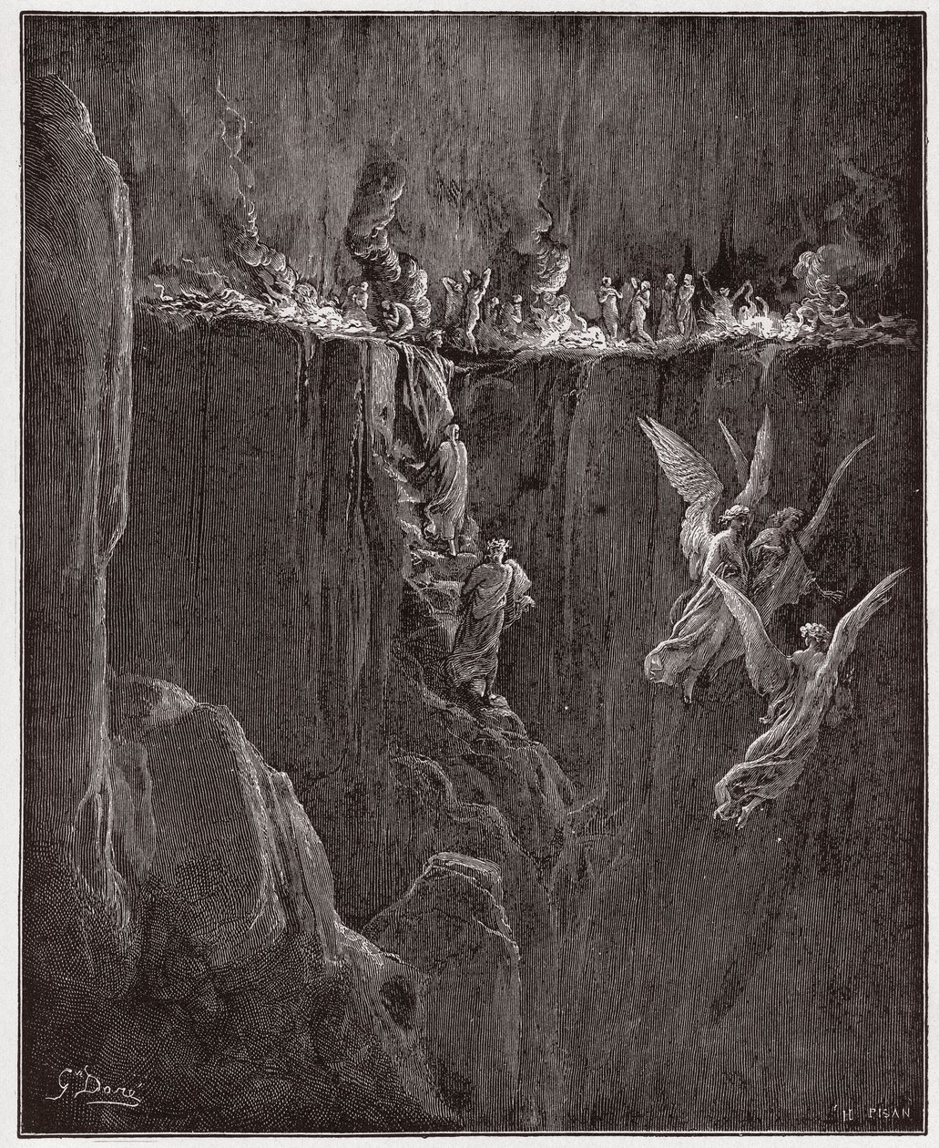 Az isteni színjáték (La Divina Commedia, La Divine Comedie), Purgatorio, 25. ének: Vergilius és Dante a lángokon át a hetedik körbe emelkednek - Dante Alighieri (1265-1321) - Illusztráció: Gustave Dore (1832-1883) alkotó: Gustave Dore
