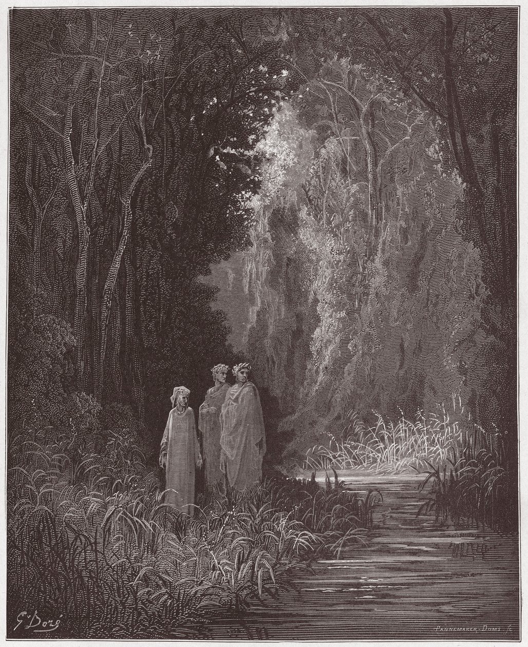 Az isteni színjáték (La Divina Commedia, La Divine Comedie), Purgatorio, 28. ének: Dante, Vergilius és Statius a földi paradicsom ősi erdejében - Dante Alighieri (1265-1321) - Illusztráció: Gustave Dore (1832-1883) ) alkotó: Gustave Dore
