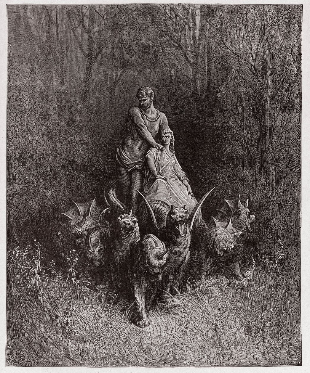 Az isteni színjáték (La Divina Commedia, La Divine Comedie), Purgatorio, 32. ének: Az óriás és a szajha a szekéren - Dante Alighieri (1265-1321) - Illusztráció: Gustave Dore (1832-1883) alkotó: Gustave Dore