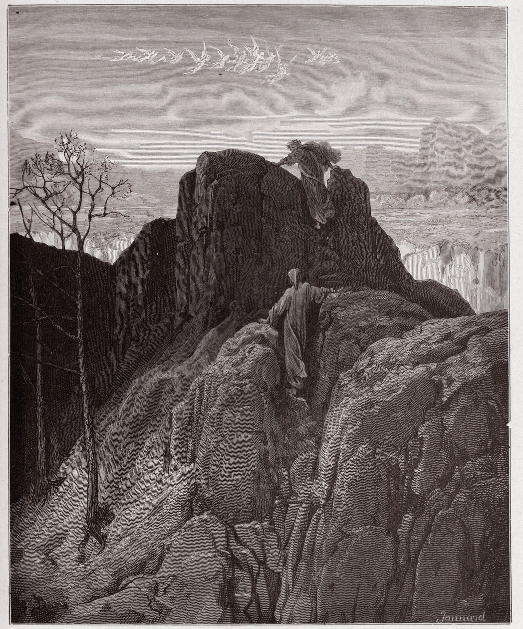 Az Isteni színjáték (La Divina Commedia, La Divine Comedie), Purgatorio, 4. ének: Vergilius felvezeti Dantét a zord hegyoldalon - Dante Alighieri (1265-1321) - Illusztráció: Gustave Dore (1832-1883) alkotó: Gustave Dore