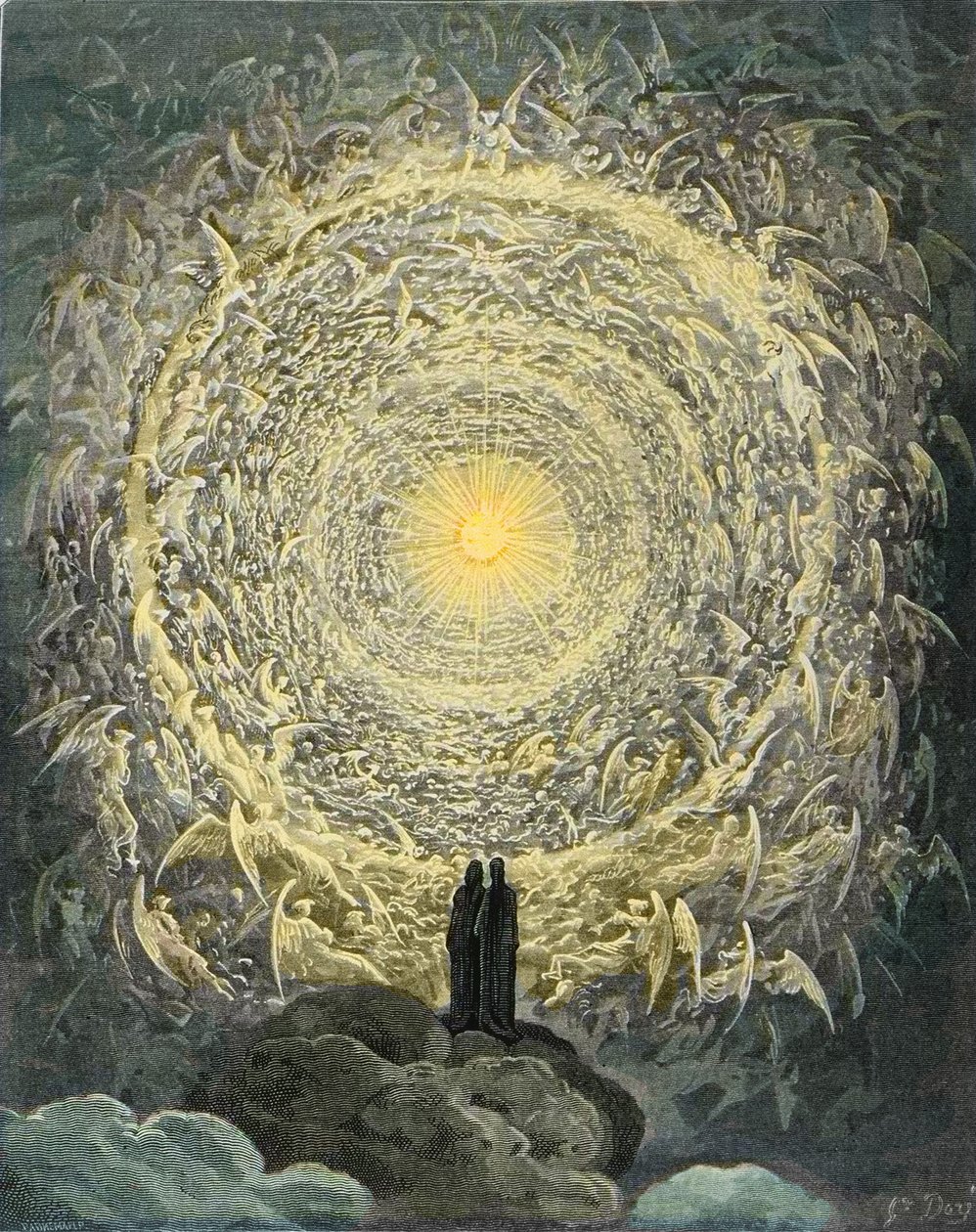 Isteni színjáték, Paradiso, 31. ének: A szentek tömege rózsát formál az empireban (rose celeste) – Dante Alighieri (1265-1321) alkotó: Gustave Dore