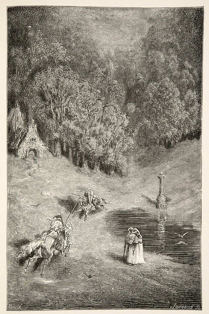 Arthur és Pellinore találkozása, Charles Henry Hanson Arthur király napjainak történeteiből, 1898. alkotó: Gustave Dore