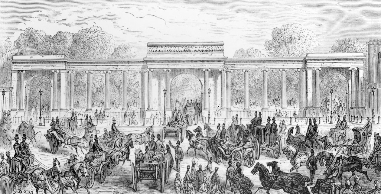 A Hyde Park bejárata, „London, egy zarándoklat” című művéből, William Blanchard Jerrolds, metszett A. Doms, 1872 alkotó: Gustave Dore