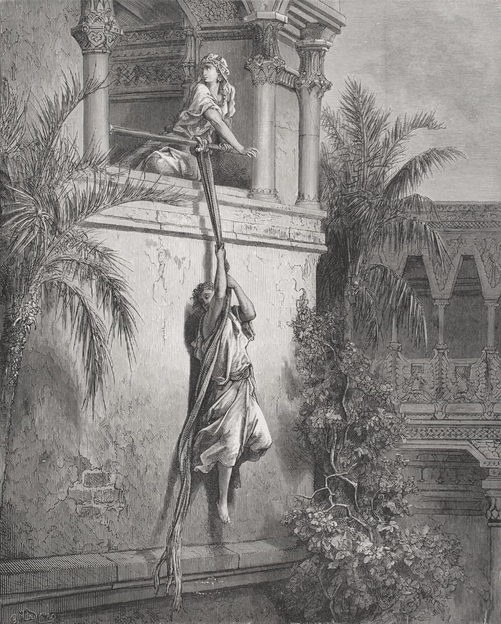 Dávid menekülése az ablakon keresztül, illusztráció Dore „The Holy Bible” című művéből, 1866 alkotó: Gustave Dore