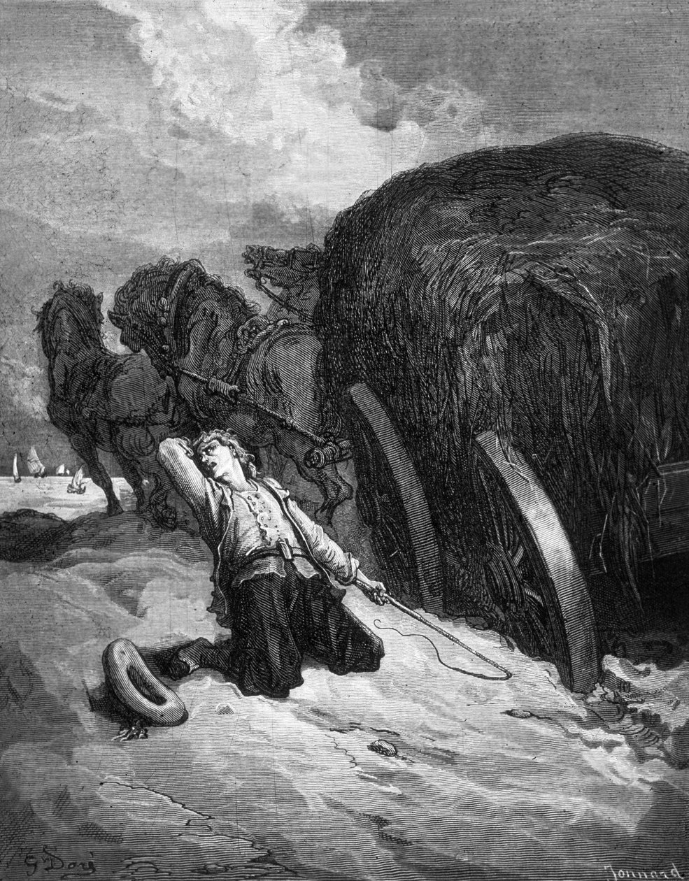 Jean La Fontaine meséi : a "sárba ragadt kocsis", Paul Jonnard-Pacel metszete Gustave Dore nyomán. alkotó: Gustave Dore