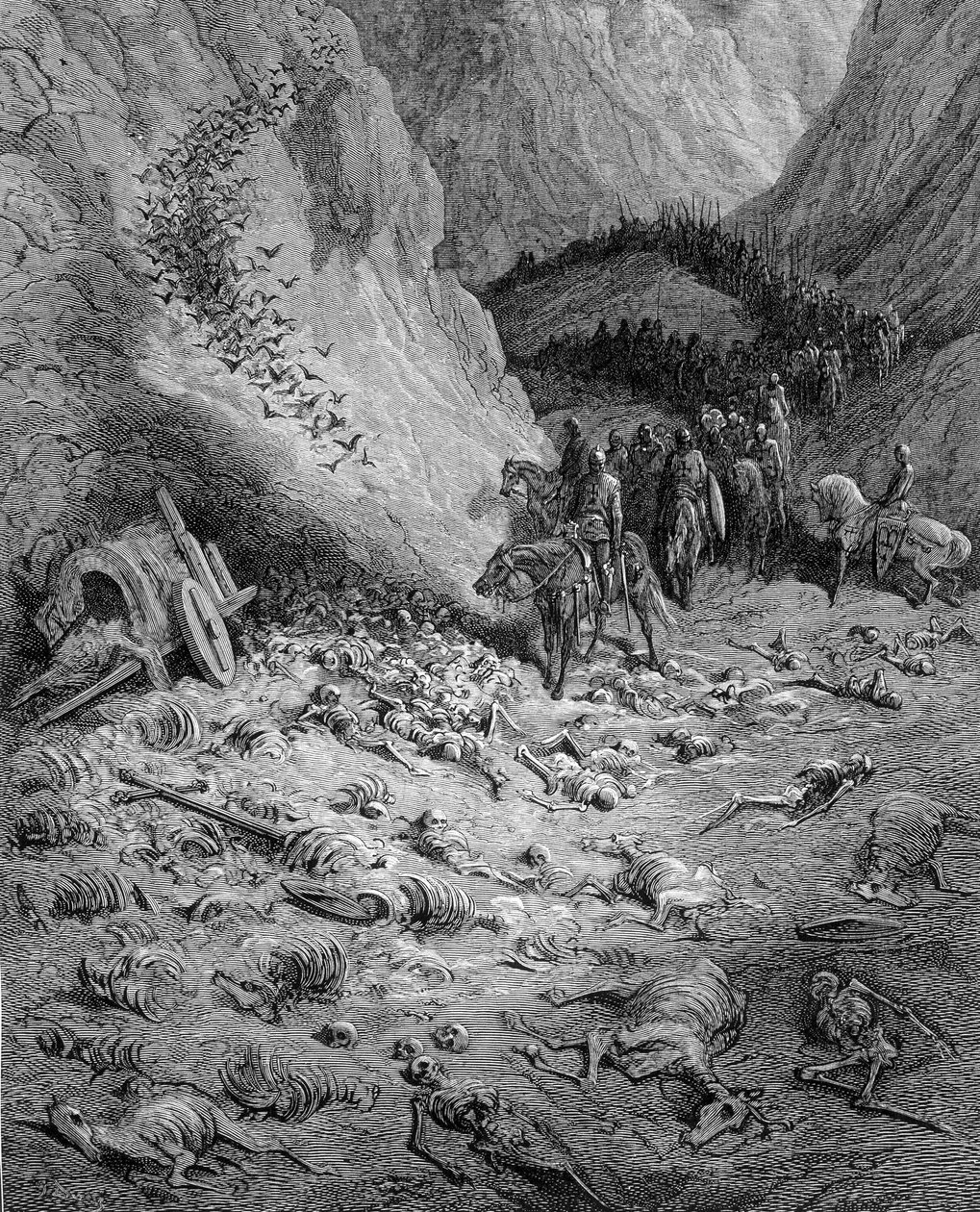 Az előre: Keresztesek serege találkozik az előző keresztes hullám halottaival – Gustave Doré metszet alkotó: Gustave Dore