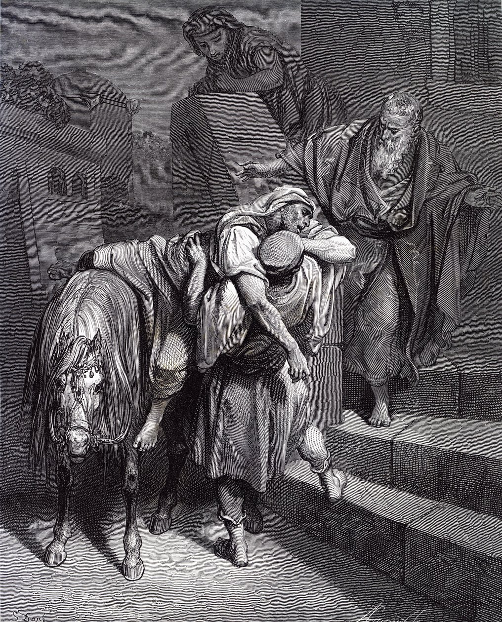 Az irgalmas szamaritánus a fogadóban, Dorétól. - Biblia alkotó: Gustave Dore