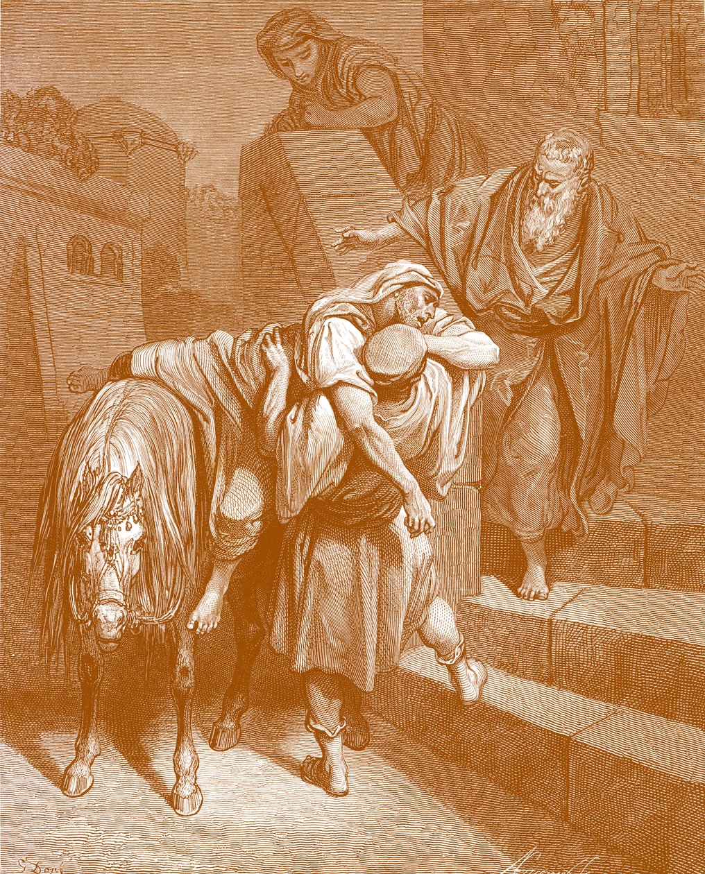 Az irgalmas szamaritánus a fogadóban, Dorétól. - Biblia alkotó: Gustave Dore