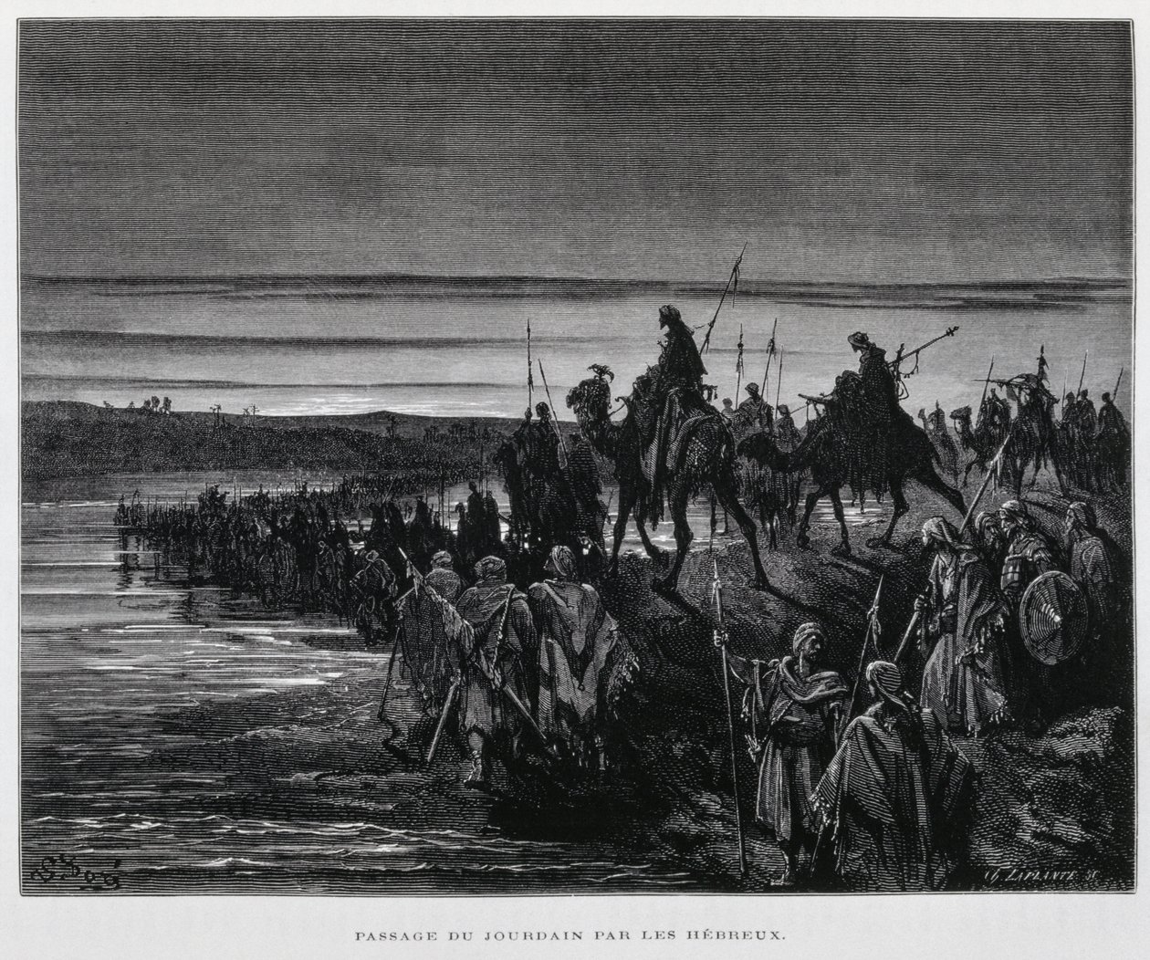 A héber törzsek a Jordán folyón keresztül lépnek be Kánaánba, illusztráció a Dore Bibliából. alkotó: Gustave Dore