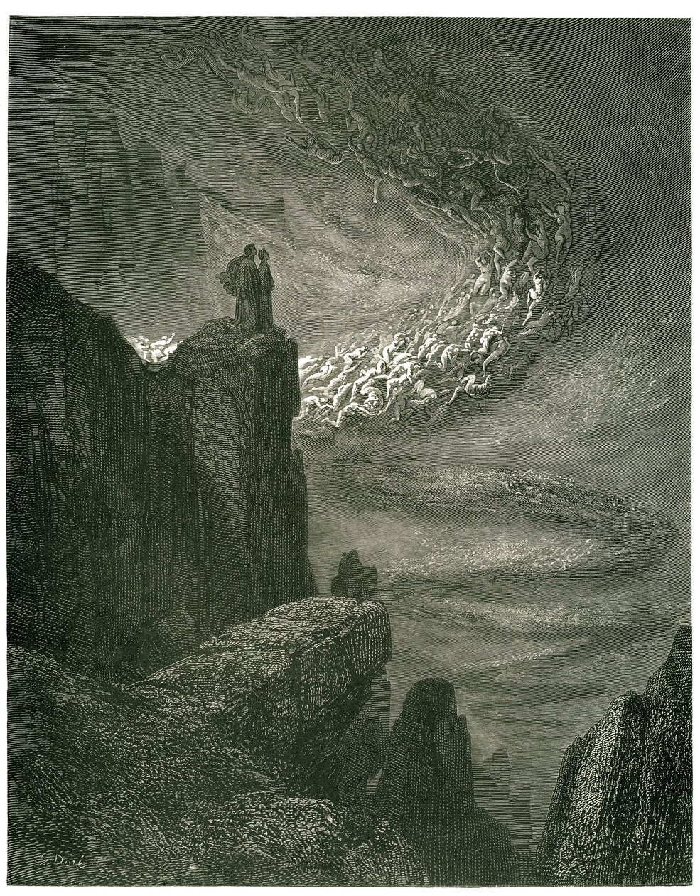 The Hell of Dante Alighieri (the Divine Comedie) illustrated by Gustave Dore. French edition of 1861. “La bufera infernal, che mai non resta/Mena gli spirti con la sua rapina. (The infernal hurricane, which never stops, draws spirits into its whirlwind)”,  alkotó: Gustave Dore