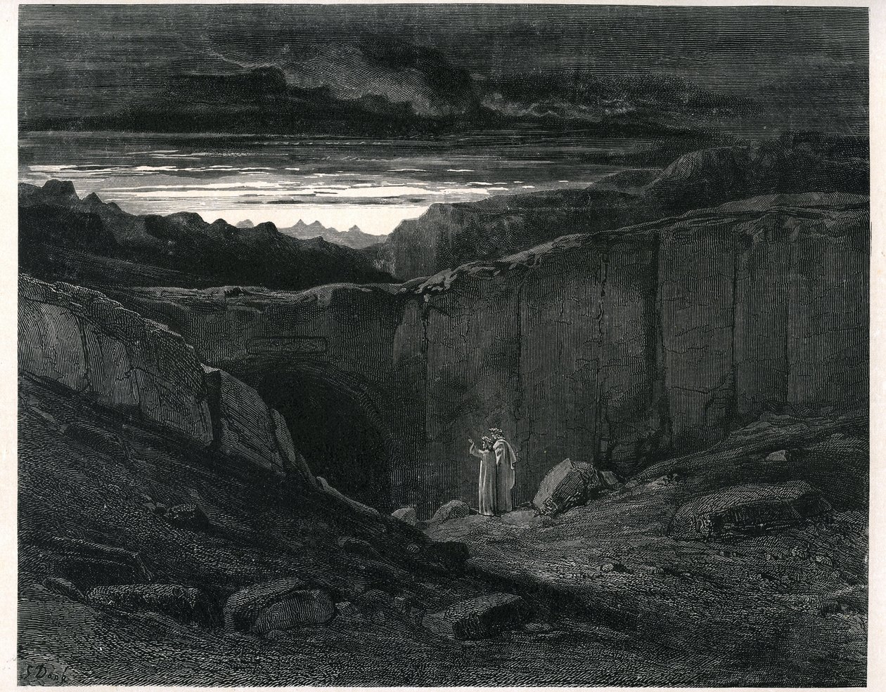 Dante Alighieri Pokla (Isteni komédia), Gustave Dore illusztrációjával. 1861-es francia kiadás. Dante és Vergilius a Pokol bejáratánál:" Lasciate ogni speranza, voi che 