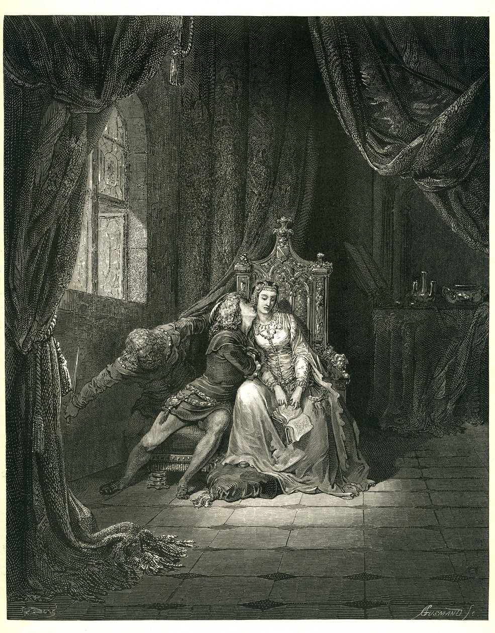 Dante Alighieri Pokla (Isteni komédia), Gustave Dore illusztrációjával. 1861-es francia kiadás. Francesca da Rimini és szeretője: "Quel giorno piu non vi leggemo avante. (Ezen a napon nem olvasunk tovább)", 5. v. 138. ének. alkotó: Gustave Dore