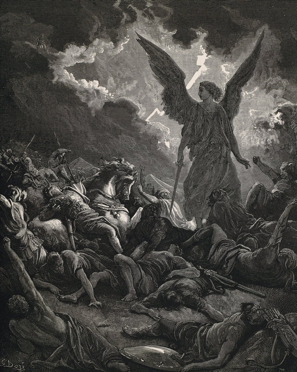 A Szent Biblia. 1866. SENNACHERIB (Kr. e. 705-681). Asszír király (Kr. e. 705-681). Jahve angyala Szanherib seregéből. Metszés alkotó: Gustave Dore