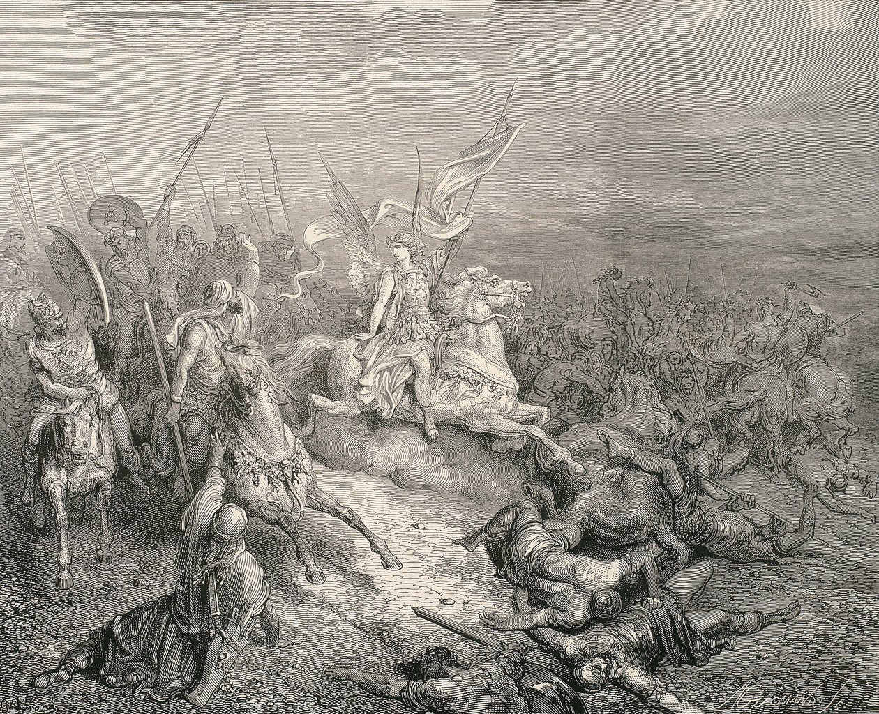A Szent Biblia. 1866. A Makkabeusok angyala. Metszés alkotó: Gustave Dore