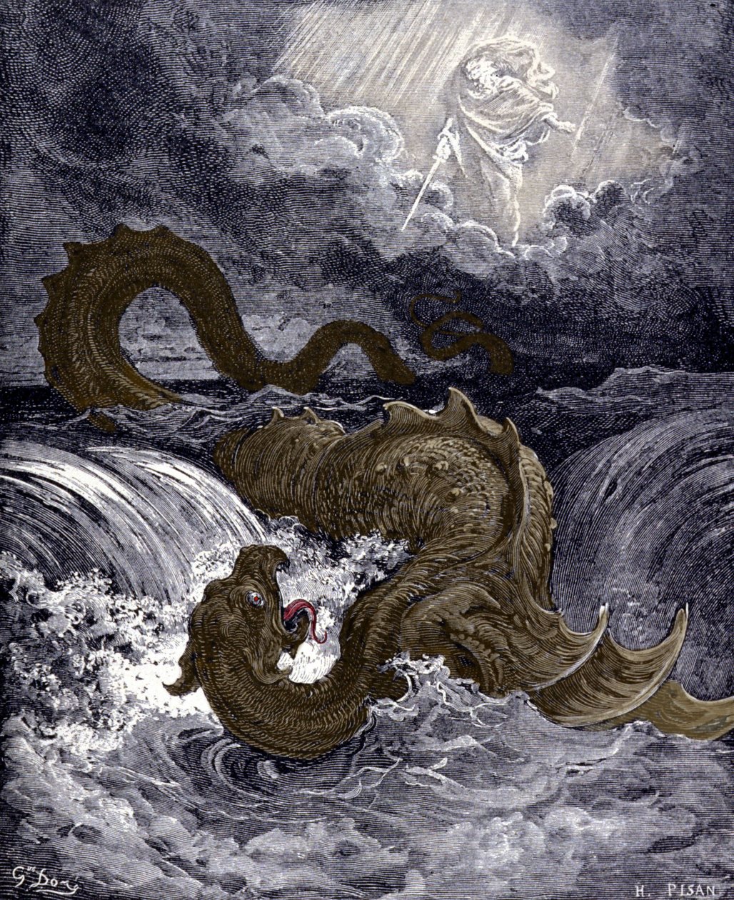 A Leviatán, a Bibliában említett tengeri kígyóra emlékeztető tengeri szörny. Gustave Dore bibliaillusztrációi. századi metszet. alkotó: Gustave Dore