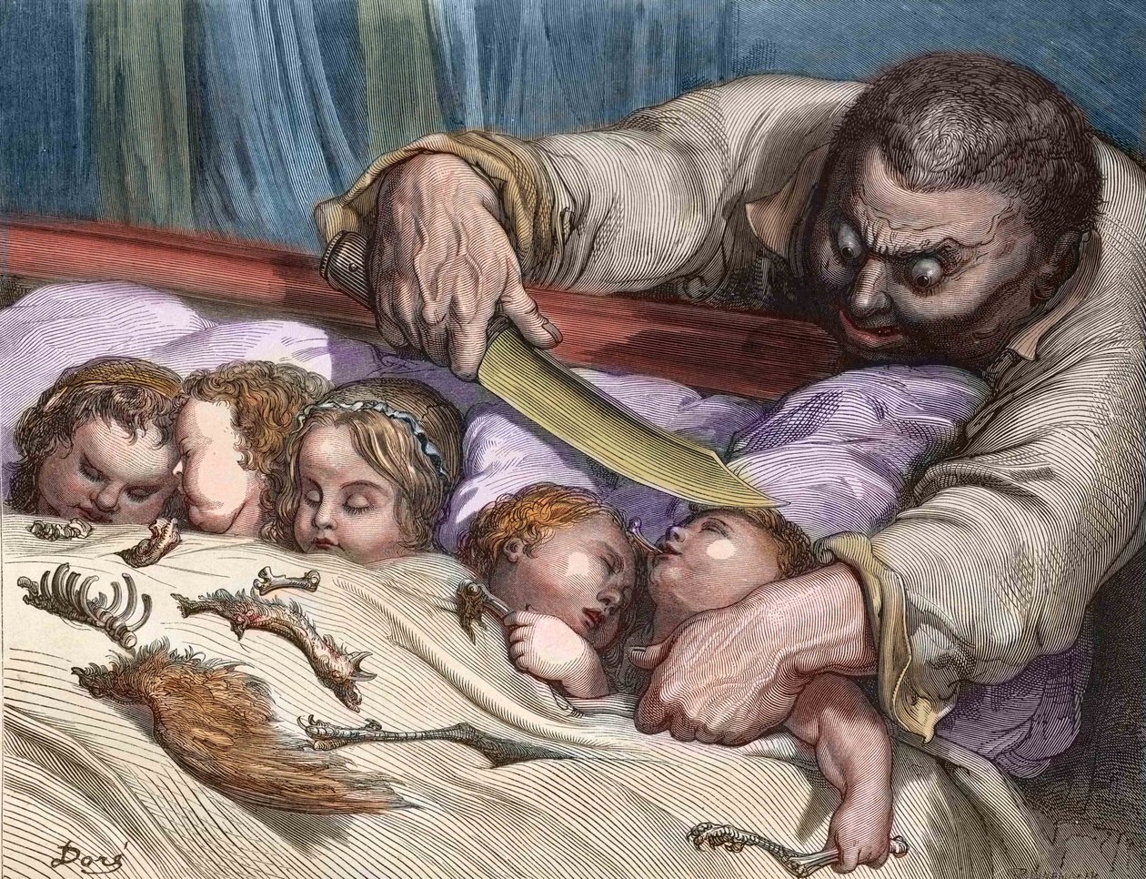 A kis hüvelykujj – Charles Perrault (francia író) Az óriás habozás nélkül elvágta a lányai torkát (metszet) alkotó: Gustave Dore