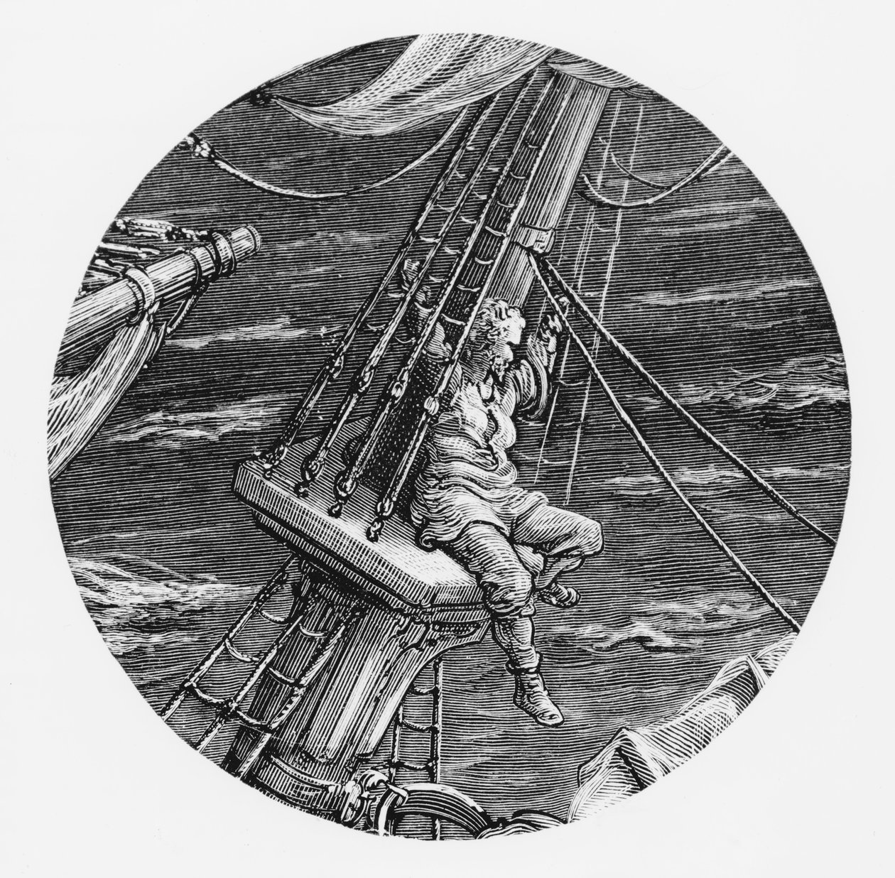 A tengerész a magasban a hajó ürülékében, jelenet S.T. „The Rime of the Ancient Mariner” című művéből. Coleridge, kiadó: Harper und Brothers, New York, 1876 (fametszet) alkotó: Gustave Dore
