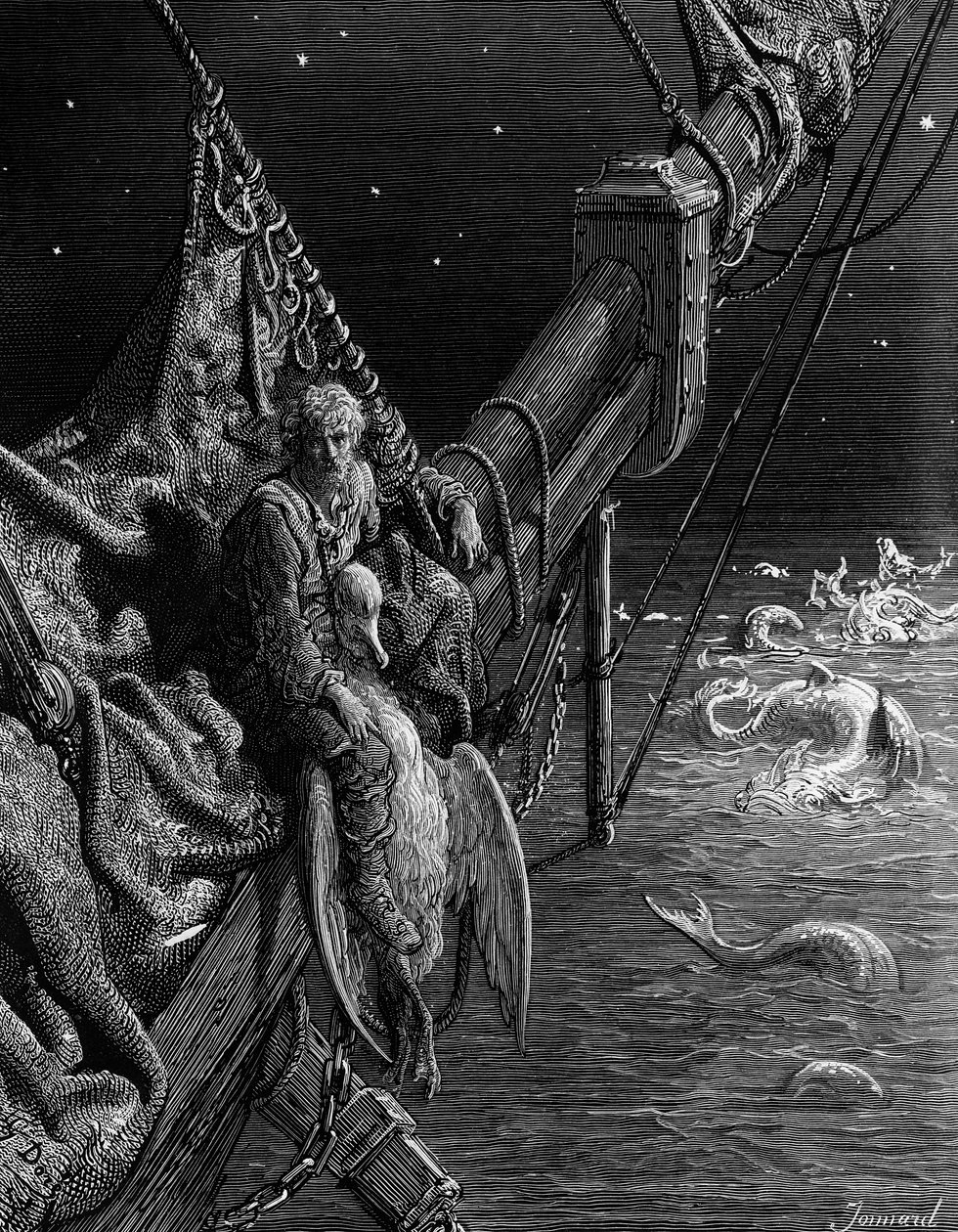 A tengerész az óceánban élő kígyókat nézi, jelenet S.T. „Az ősi tengerészek kora” című művéből. Coleridge, kiadó: Harper und Brothers, New York, 1876 (fametszet) alkotó: Gustave Dore