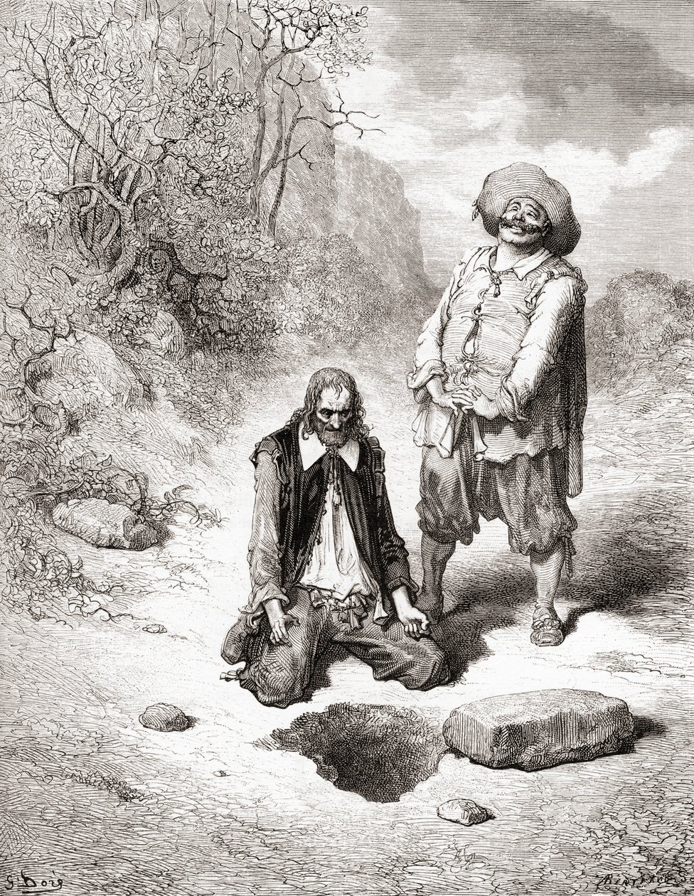 A fösvény, aki elvesztette kincsét, a Fables de La Fontaine 19. század végi kiadásából (fametszet) alkotó: Gustave Dore
