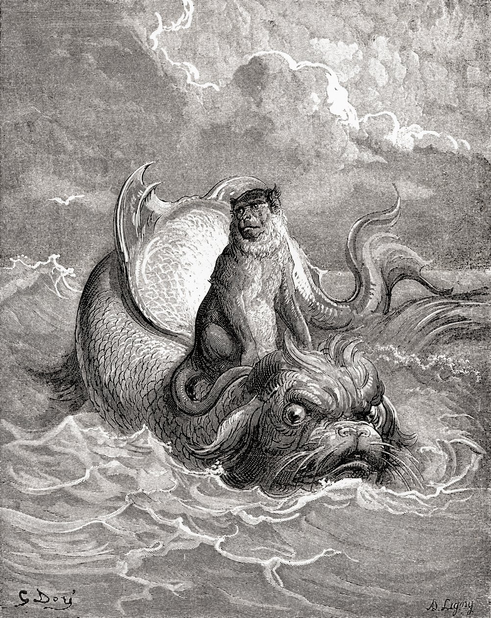 A majom és a delfin Gustave Dore egy La Fontaine-meséhez készült műve után. Gustave Dore életéből és emlékeiből, megjelent 1885-ben. alkotó: Gustave Dore