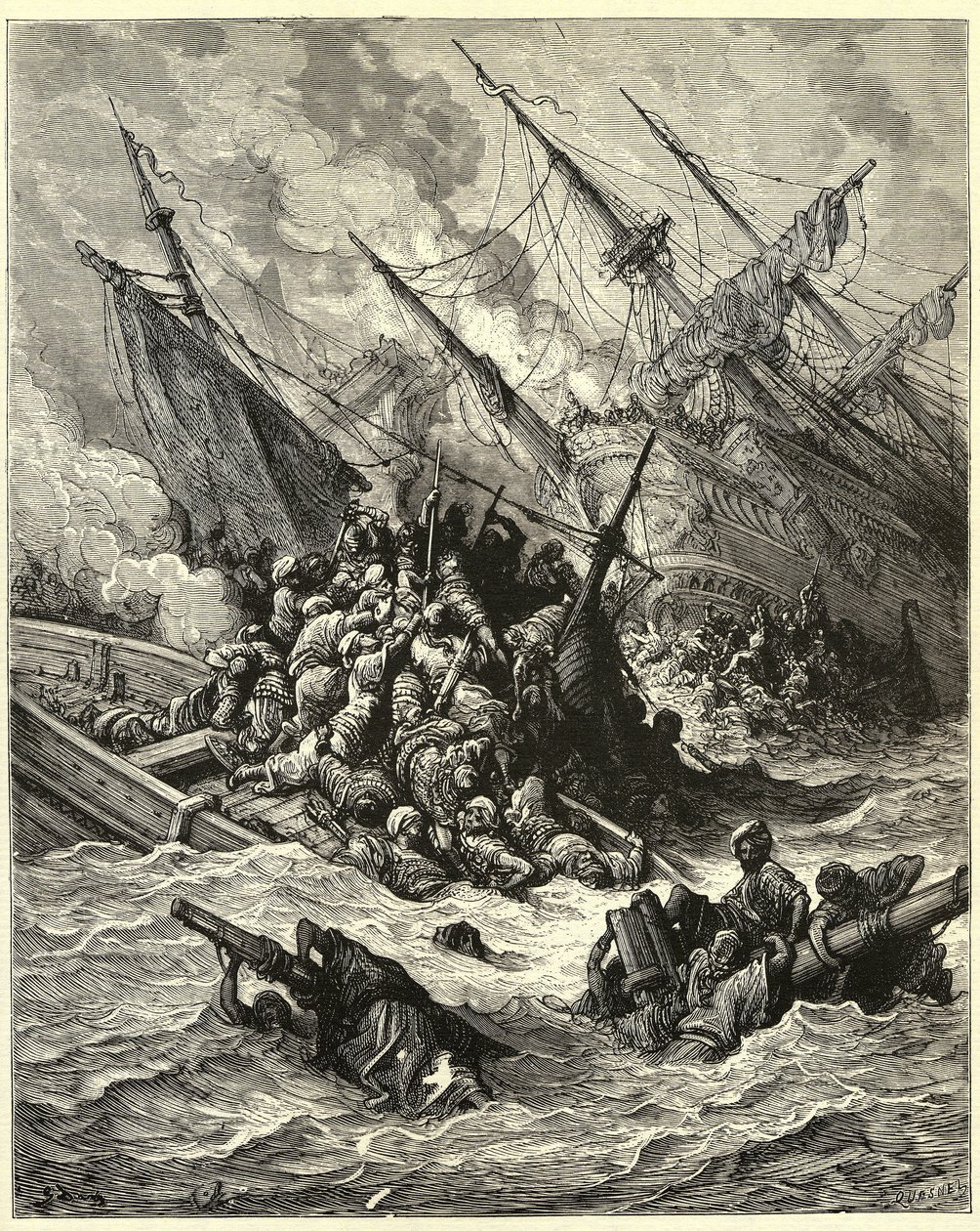 "A lepantói tengeri csata" Ez hozta létre a spanyol, velencei szövetség és a pápai erők az oszmánok ellen 1571-ben Görögország előtt. Gustave Dore (1832-1883) metszete Joseph Francois Michaud "A keresztes hadjáratok története" című művéből. alkotó: Gustave Dore