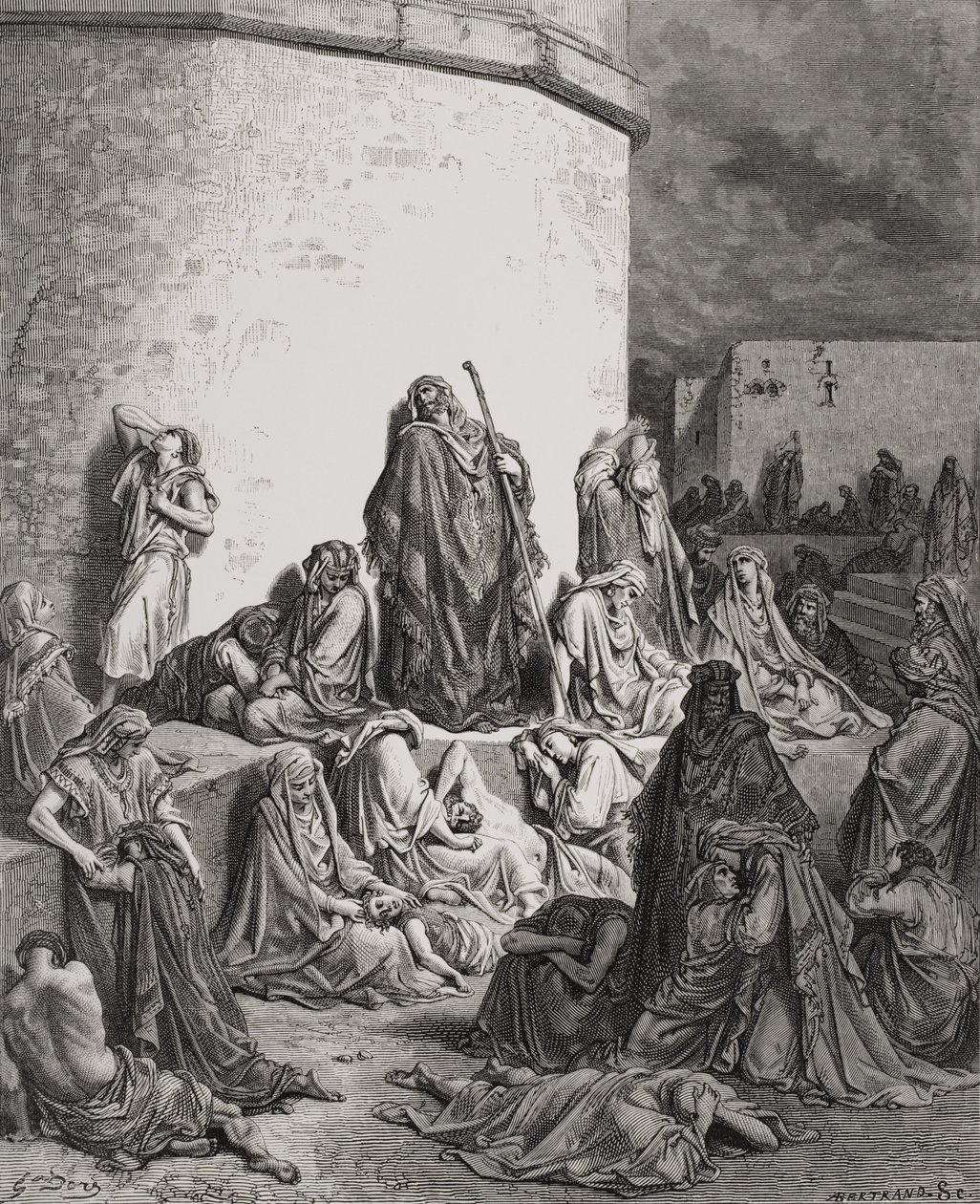 A Jeruzsálem romjait gyászoló nép, Siralmak 1:1-2 illusztrációja Dore „The Holy Bible” című könyvéből, A. Bertrand vésette 1866-ban alkotó: Gustave Dore