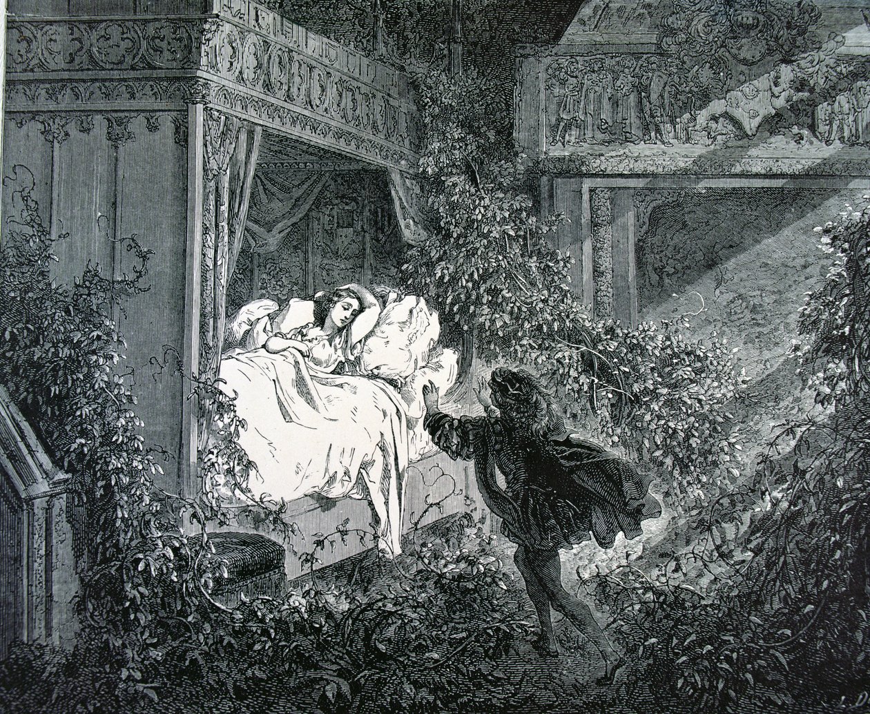 A herceg belép a hercegnő hálószobájába az elvarázsolt kastélyban, illusztrációja Charles Perrault (1628-1703) „A Csipkerózsika” című művéhez alkotó: Gustave Dore