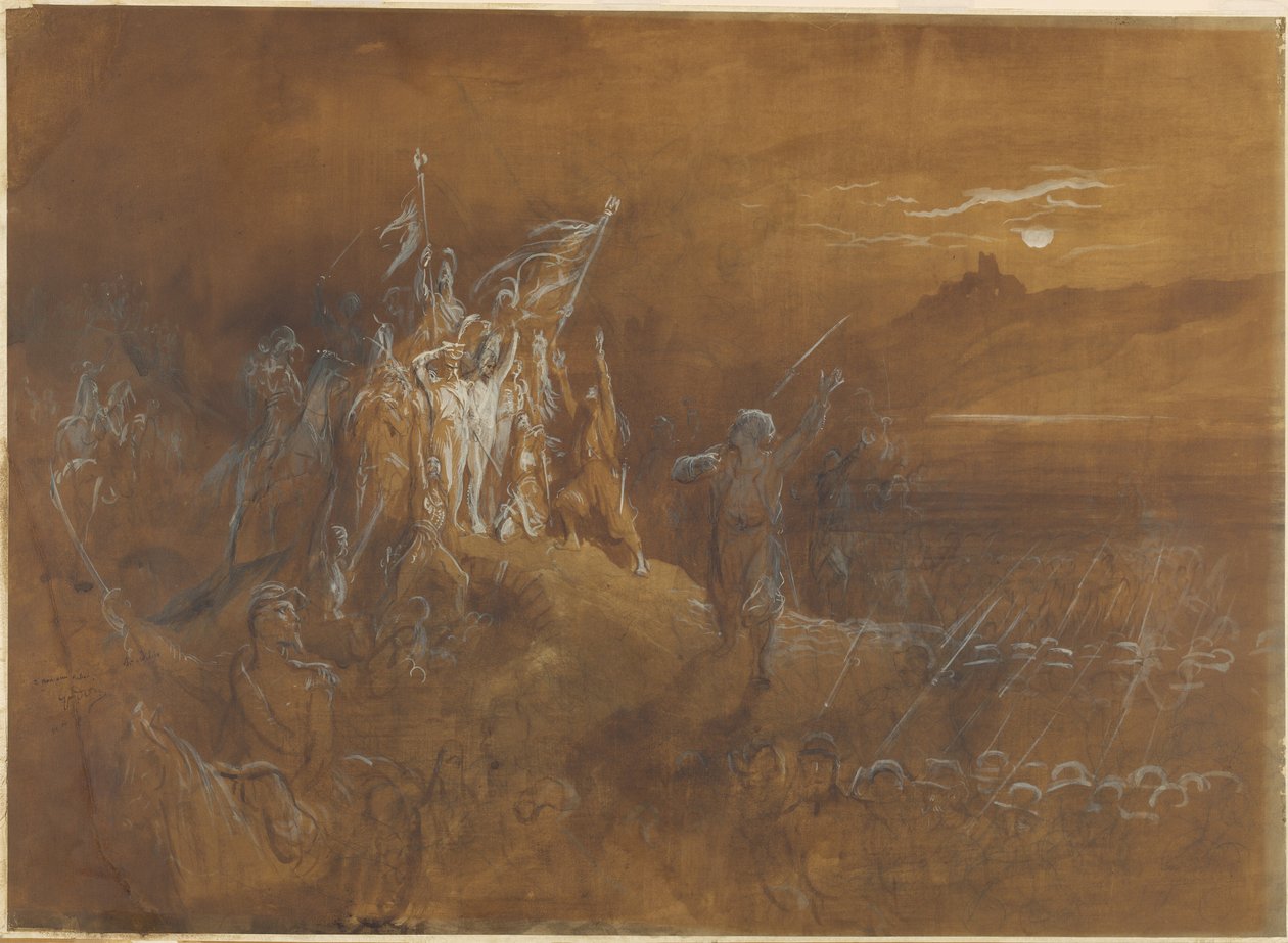 A francia katonák árnyalatai a múltból a Rajna-parti győzelemre buzdítják a hadsereget alkotó: Gustave Dore