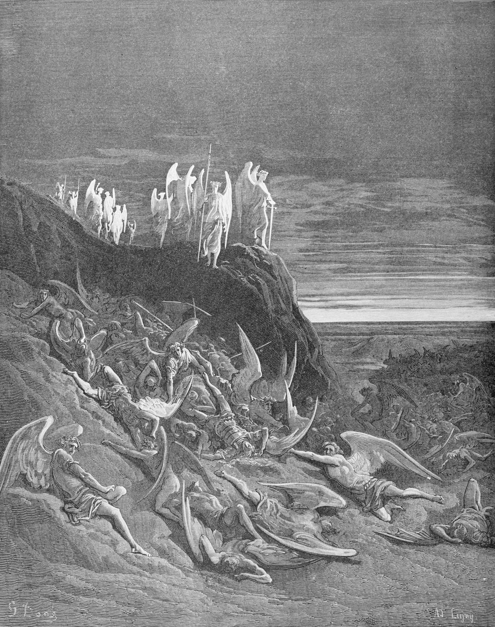 The War in Heaven, John Milton (1608-74) „Elveszett paradicsom” VI. könyvéből, A. Ligny metszetével, 1868 körül alkotó: Gustave Dore