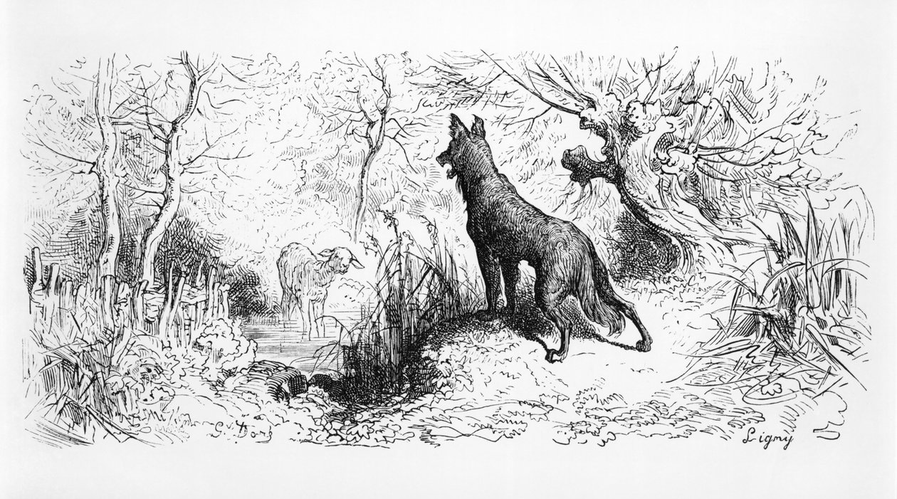 „A farkas és a bárány”, illusztráció Jean de La Fontaine (1621-95) „Fables” című művéből, 1868 alkotó: Gustave Dore