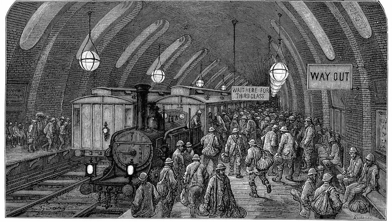 "A munkások vonata". Gustave Dore és Blanchard Jerrold Londonból: A Pilgrimage London 1872. A képen az 1863-ban megnyitott Metropolitan (metró) vasútvonal Gower Street-i állomásán közlekedő gőzmozdonyok láthatók. Munkások sietnek, hogy elérjék a reggeli vi alkotó: Gustave Dore