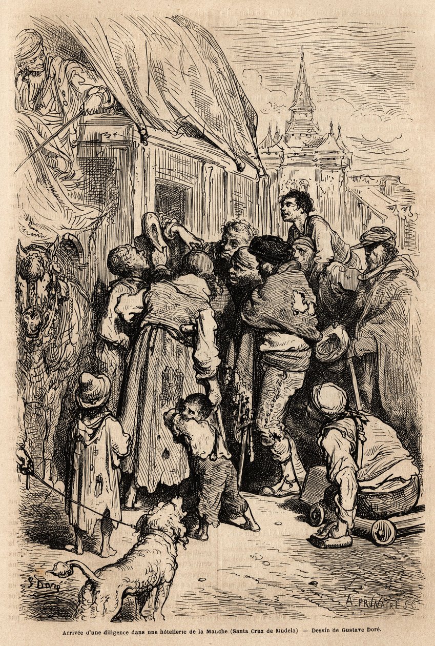 A szorgalom megérkezése egy Santa Cruz de Modela-i (Mancha tartomány) szállodába, amelyet almonért kiáltó koldusok támadtak meg. Gustave Dore (1832-1883) rajza. A spanyolországi utazást illusztráló metszet, Charles Davillier és Gustave Dore 1862-ben. alkotó: Gustave Dore